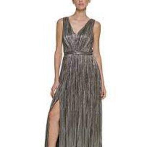 Eliza J Evening Gown Maxi Dress Gold Silver Metallic V Neck Sleeveless-S…